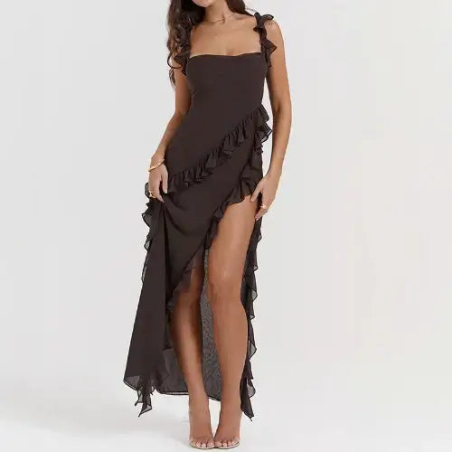 Brown ruffled maxi dress.