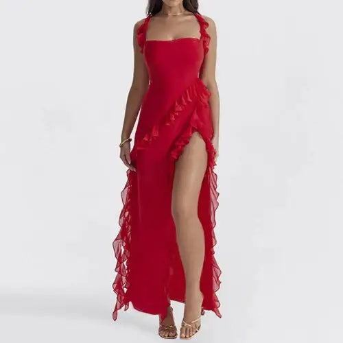 Red ruffled slit dress.