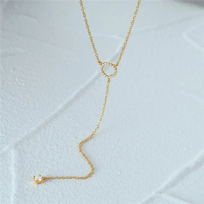 Gold-toned S925 Sterling Silver Double-Deck Circle Necklace with gem-studded pendant