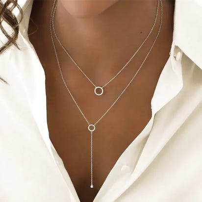 S925 Sterling Silver Double-Deck Circle Necklace with layered circle pendant design