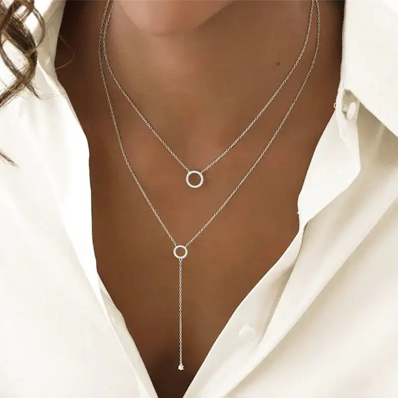 S925 Sterling Silver Double-Deck Circle Necklace with layered circle pendant design