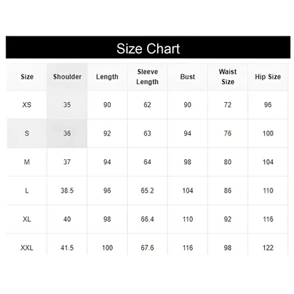 Clothing size chart.