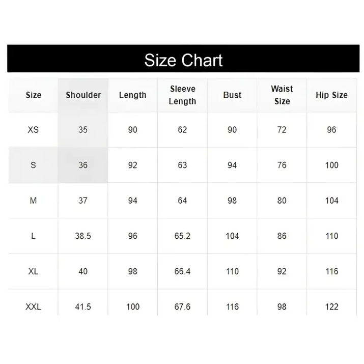 Clothing size chart.