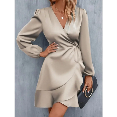 Beige satin wrap dress.