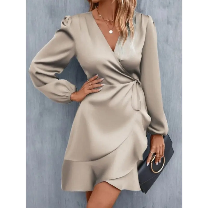Beige satin wrap dress.