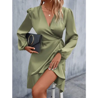 Olive green satin wrap dress.