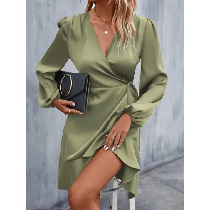 Olive green satin wrap dress.