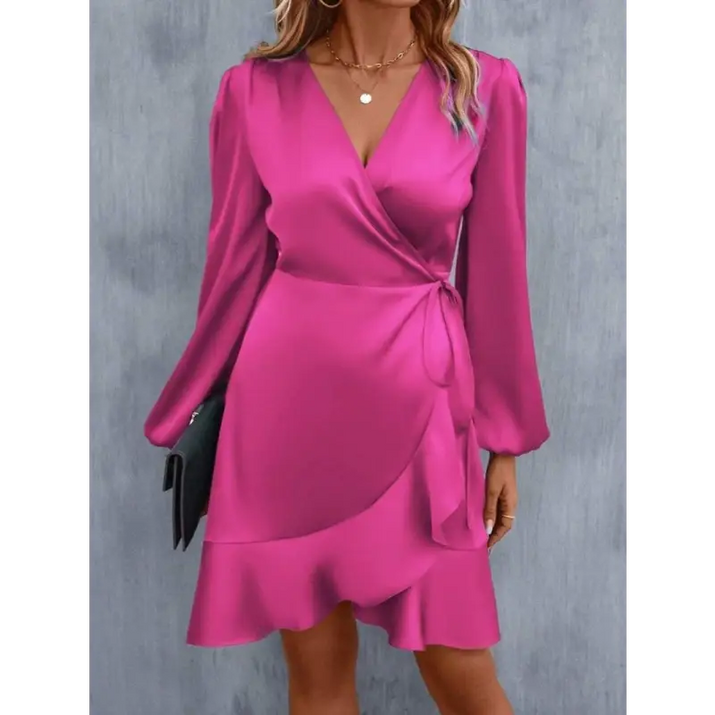 Fuchsia satin wrap dress.