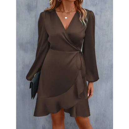 Brown satin wrap dress.