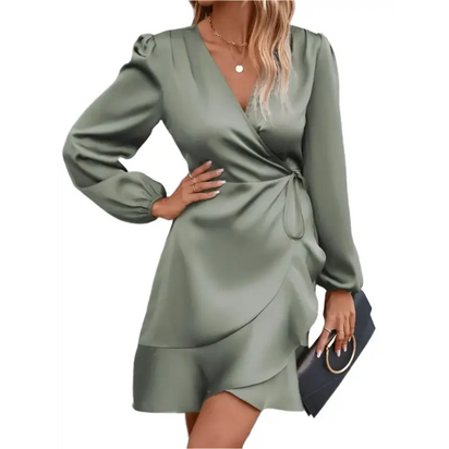 Sage green satin wrap dress.