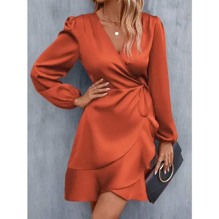 Rust-colored satin wrap dress.
