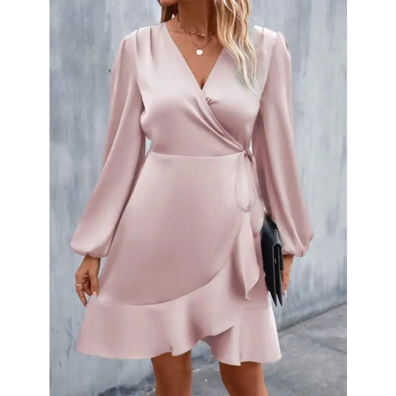 Pink satin wrap dress.