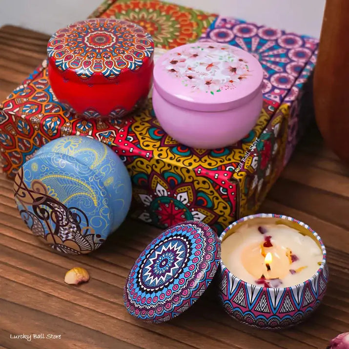 Colorful decorative candle tins.