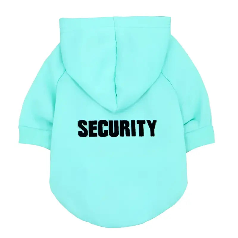 Aqua Aqua dog hoodie with SECURITY text, perfect dog jacket for furry friend feeling safe