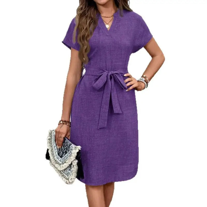 Purple belted linen dress.