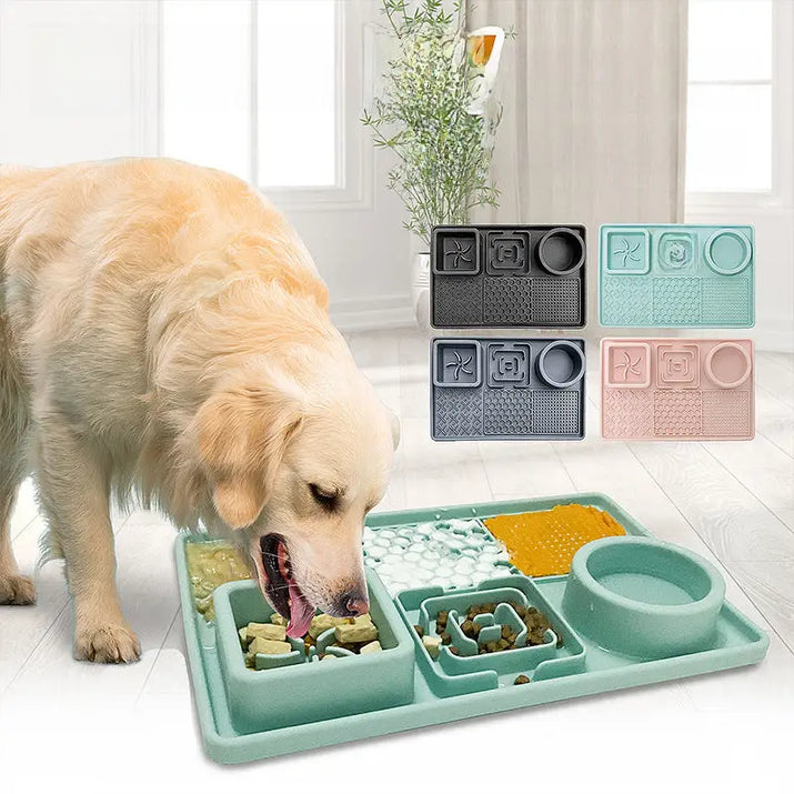 Dog eating from a silicone cat dog lick plate designed for slow feeding