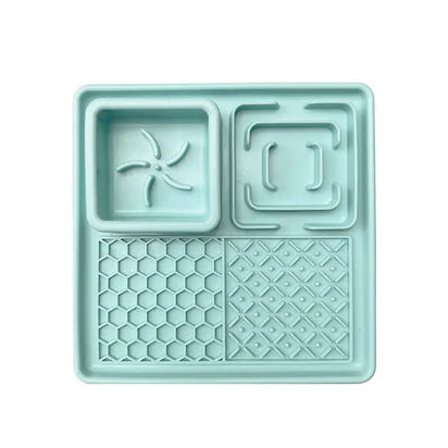 Square light-blue silicone cat dog lick plate for slow feeding and dental health