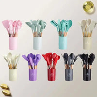 Colorful silicone kitchen utensil sets.