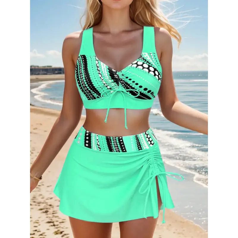 Mint green two-piece swimsuit.
