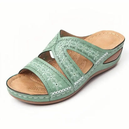 Green floral embroidered sandal from Slip On Embroidered Sandals collection showcasing quirky slip style