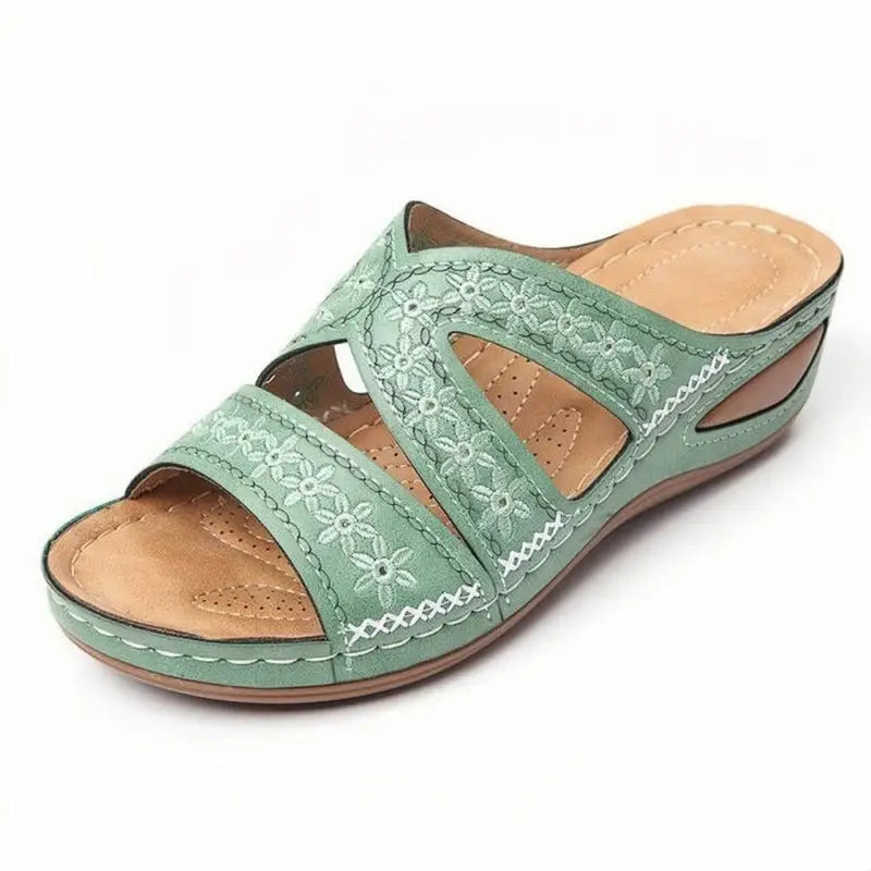 Green floral embroidered sandal from Slip On Embroidered Sandals collection showcasing quirky slip style