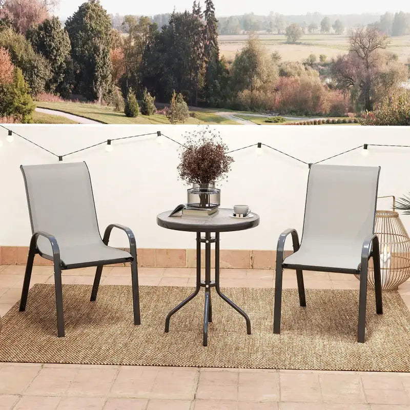 Outdoor patio furniture set featuring a light grey 3-Piece Bistro Set for outdoor dining