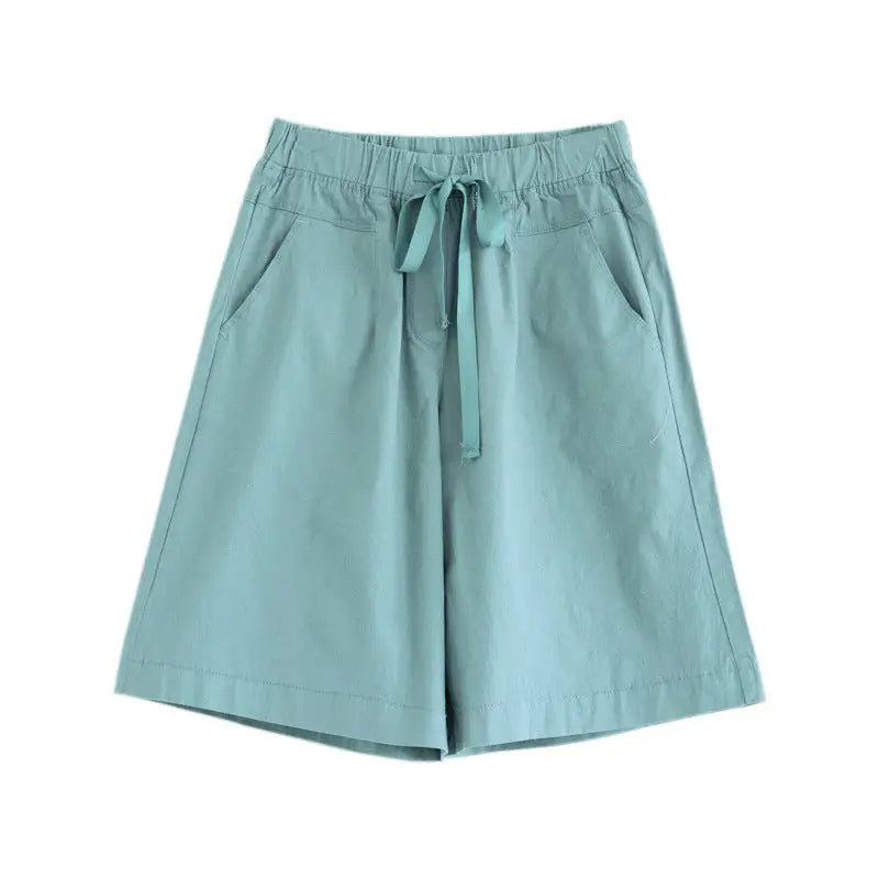 Aqua drawstring shorts.
