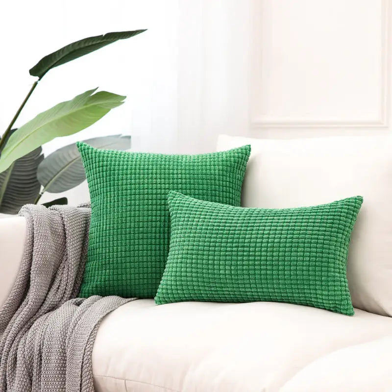 Green corduroy pillows on Soft Plaid Corn Kernel Square Cushion for cozy home decor