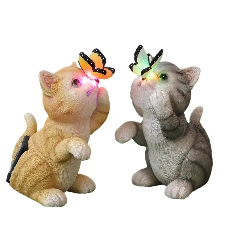 Solar cat garden light featuring two cat statues with illuminated butterflies for enchanting outdoor decor