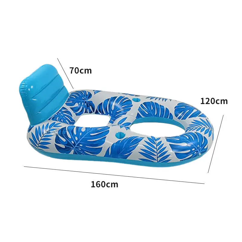 Inflatable blue and white leaf-patterned Solar Glow Inflatable Pool Float with headrest