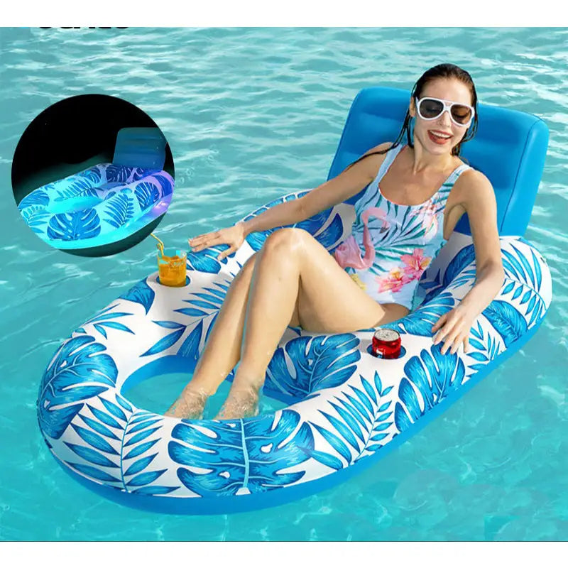 Solar Glow Inflatable Float with Tropical Leaf Pattern for Pool Relaxation