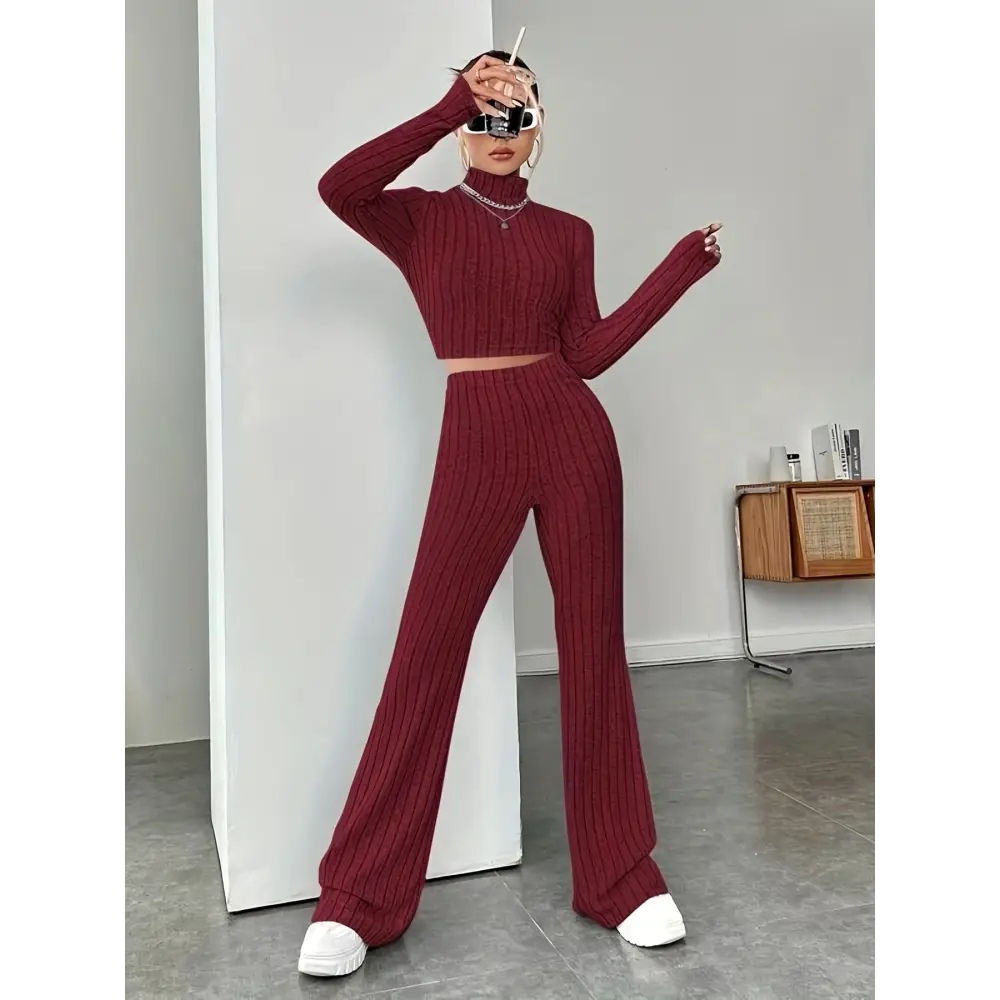 Burgundy knit two-piece set.