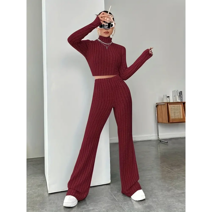 Burgundy knit two-piece set.