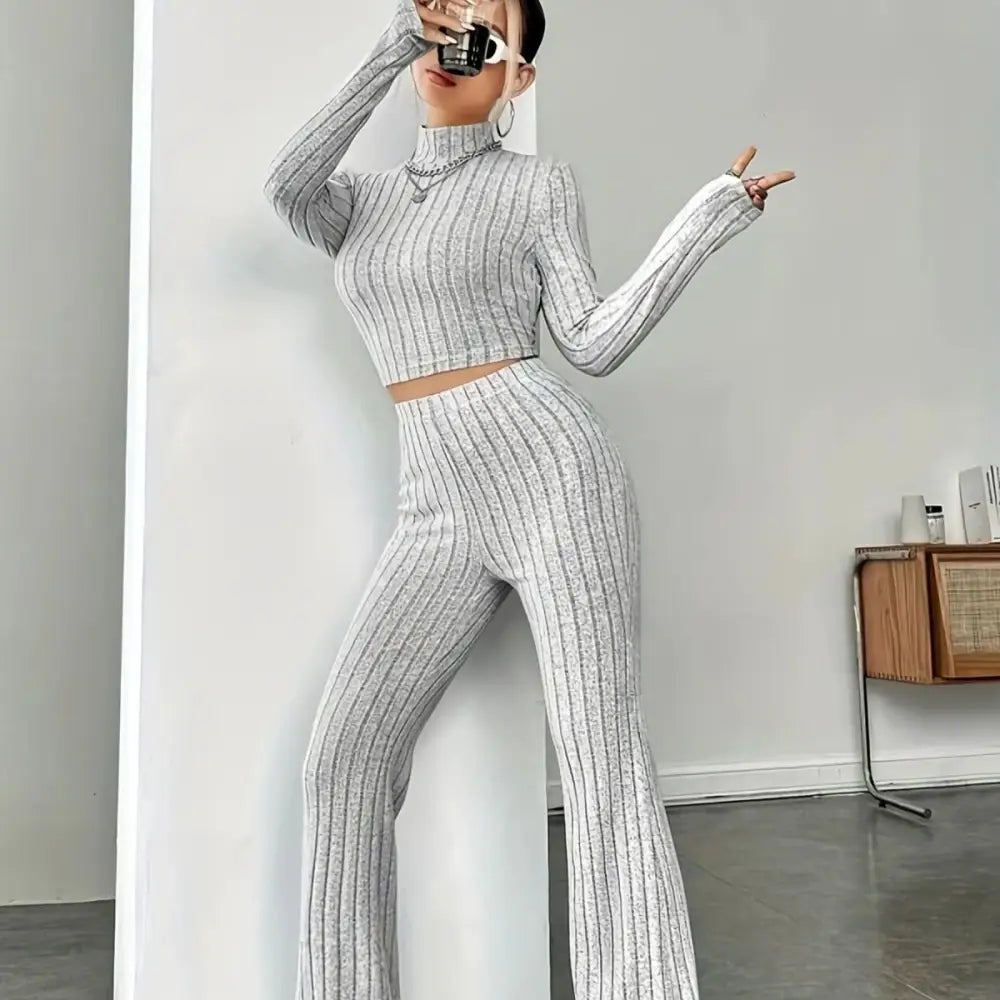 Gray ribbed knit two-piece set.
