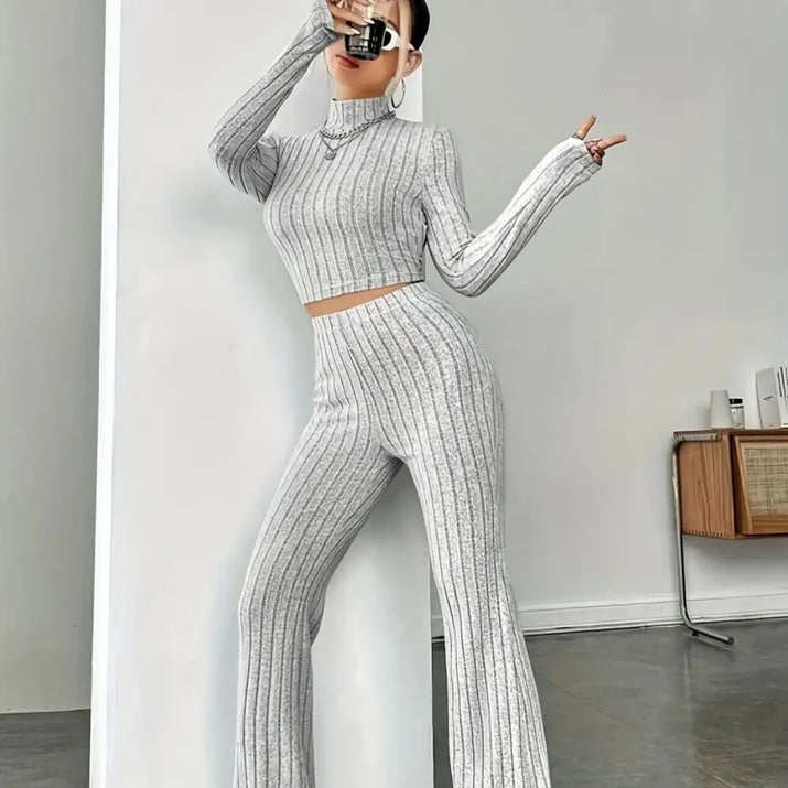 Gray ribbed knit two-piece set.