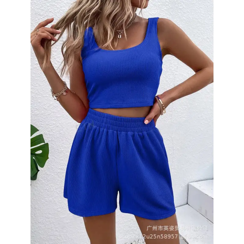 Blue ribbed knit two-piece set.