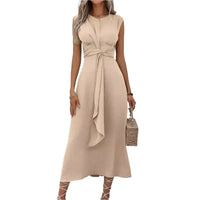 Beige sleeveless midi dress.