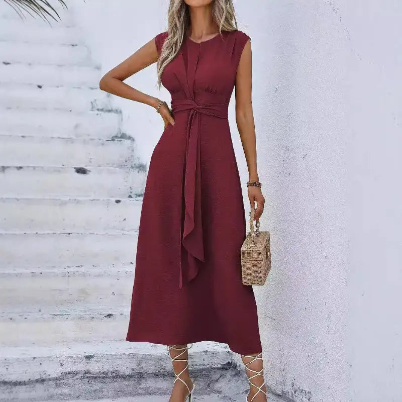 Burgundy midi dress with tie waist.