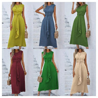 Collage of women wearing sleeveless, belted maxi dresses in various colors.
