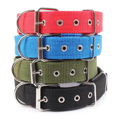 Stacked colorful solid dog collars in nylon for your pup’s style and durability