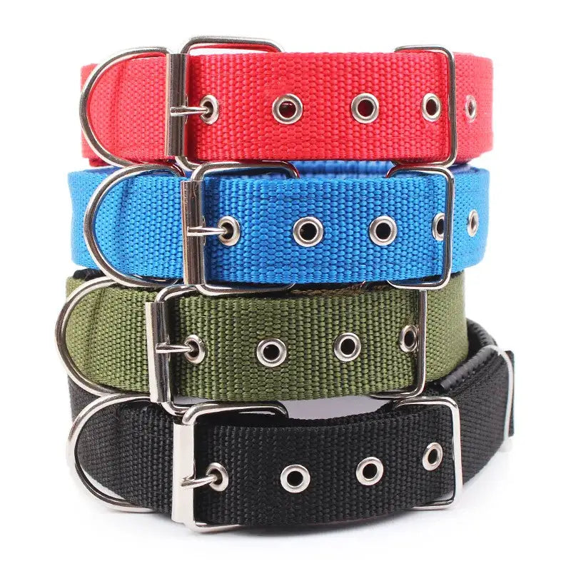 Stacked colorful solid dog collars in nylon for your pup’s style and durability