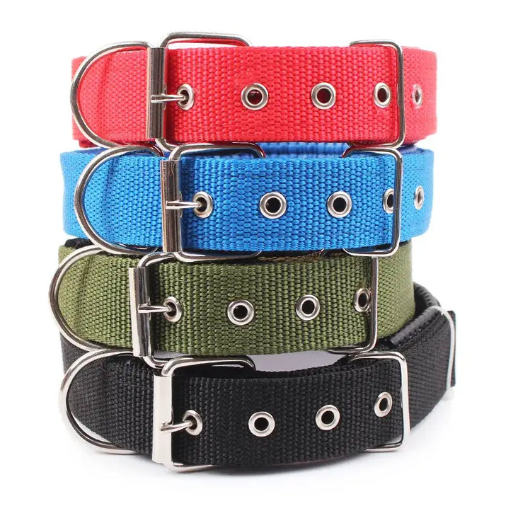 Stacked colorful solid dog collars in nylon for your pup’s style and durability