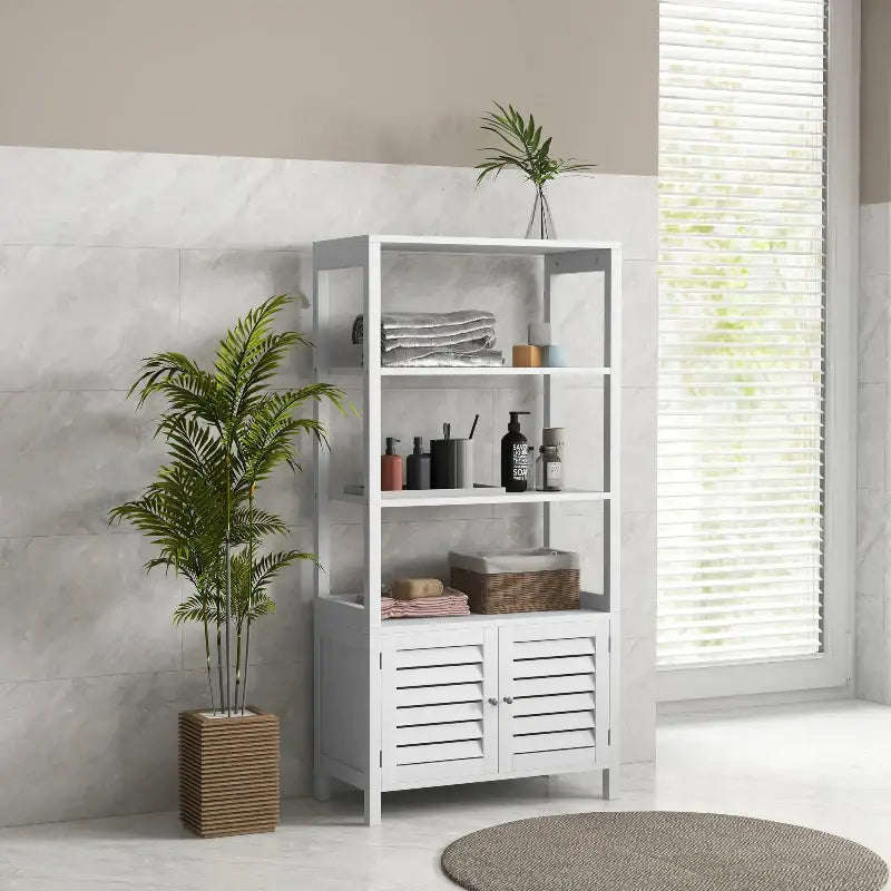 White bathroom shelving unit.