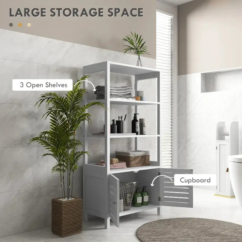 White bathroom storage unit.