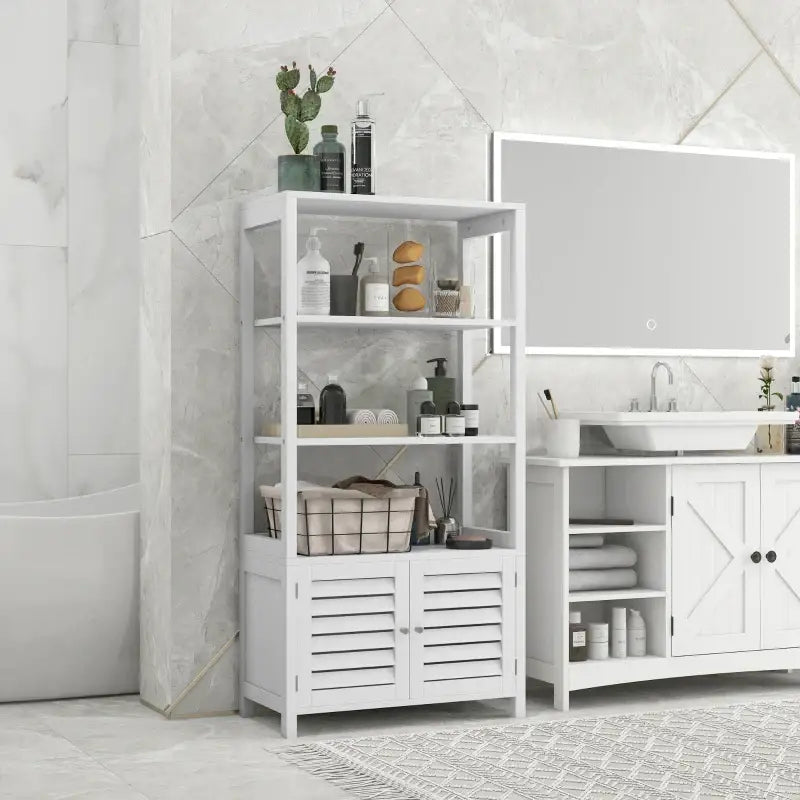 White bathroom shelving unit.