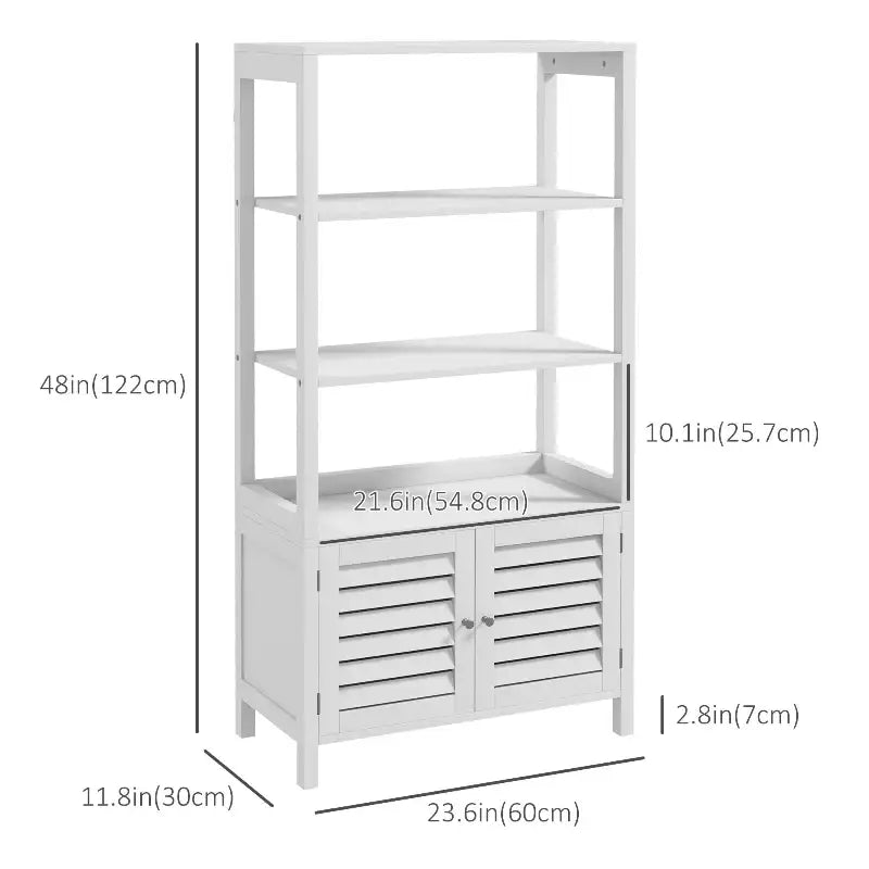 White wooden shelving unit with cabinet.