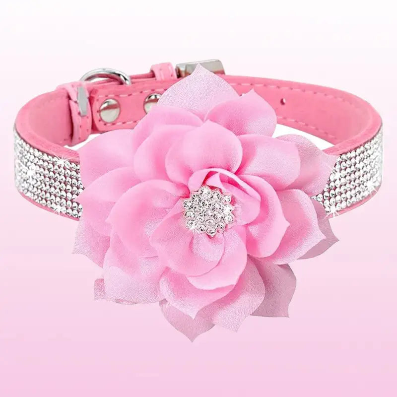 Pink rhinestone-studded pet collar with sparkling rhinestone flower for flower dog collar style