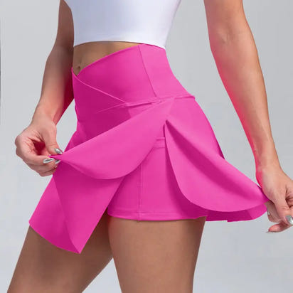 Hot pink skort with tulip-style overlay.