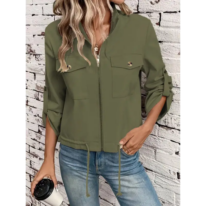 Olive green zip-up jacket.