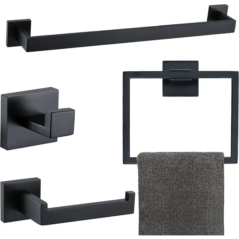 Matte black bathroom hardware set.